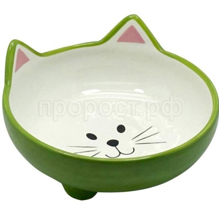 Миска керамика Мордочка кошки на ножках зеленая 13,5*13,5*7,5см 140мл/МКР2149/Евро