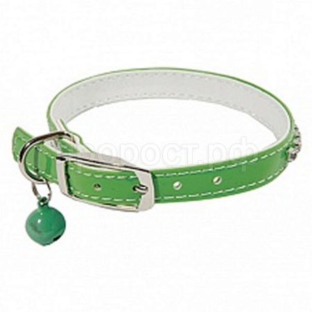 Ошейник синтетик 10мм двойной прошитый со стразами и бубенчиком зеленый 30см/00210106-05