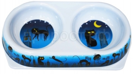 Миска меламиновая двойная №1 с рисунком Ночные коты 24,5*13,5см